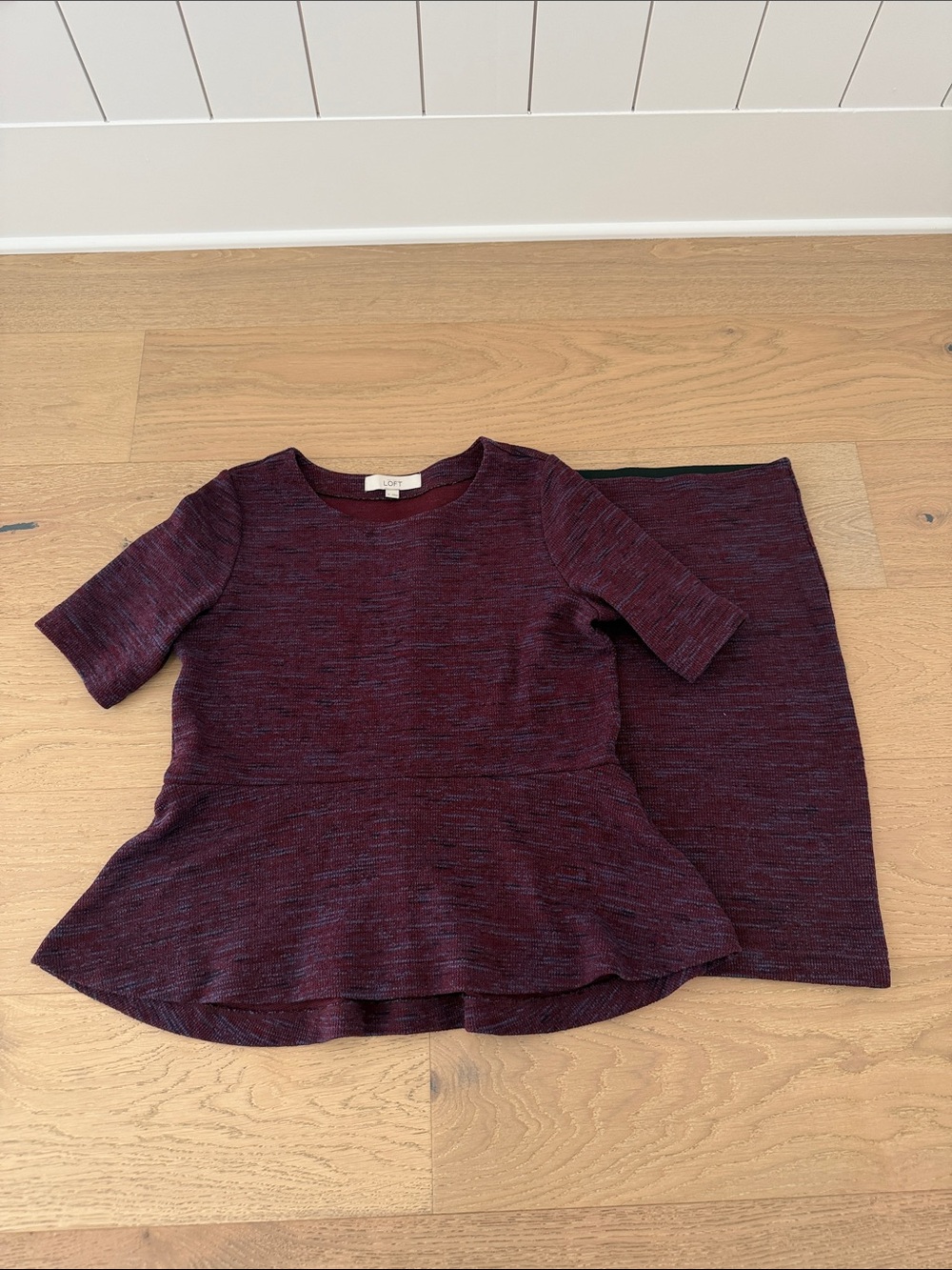 LOFT Marled Burgundy Peplum Top and Skirt Set